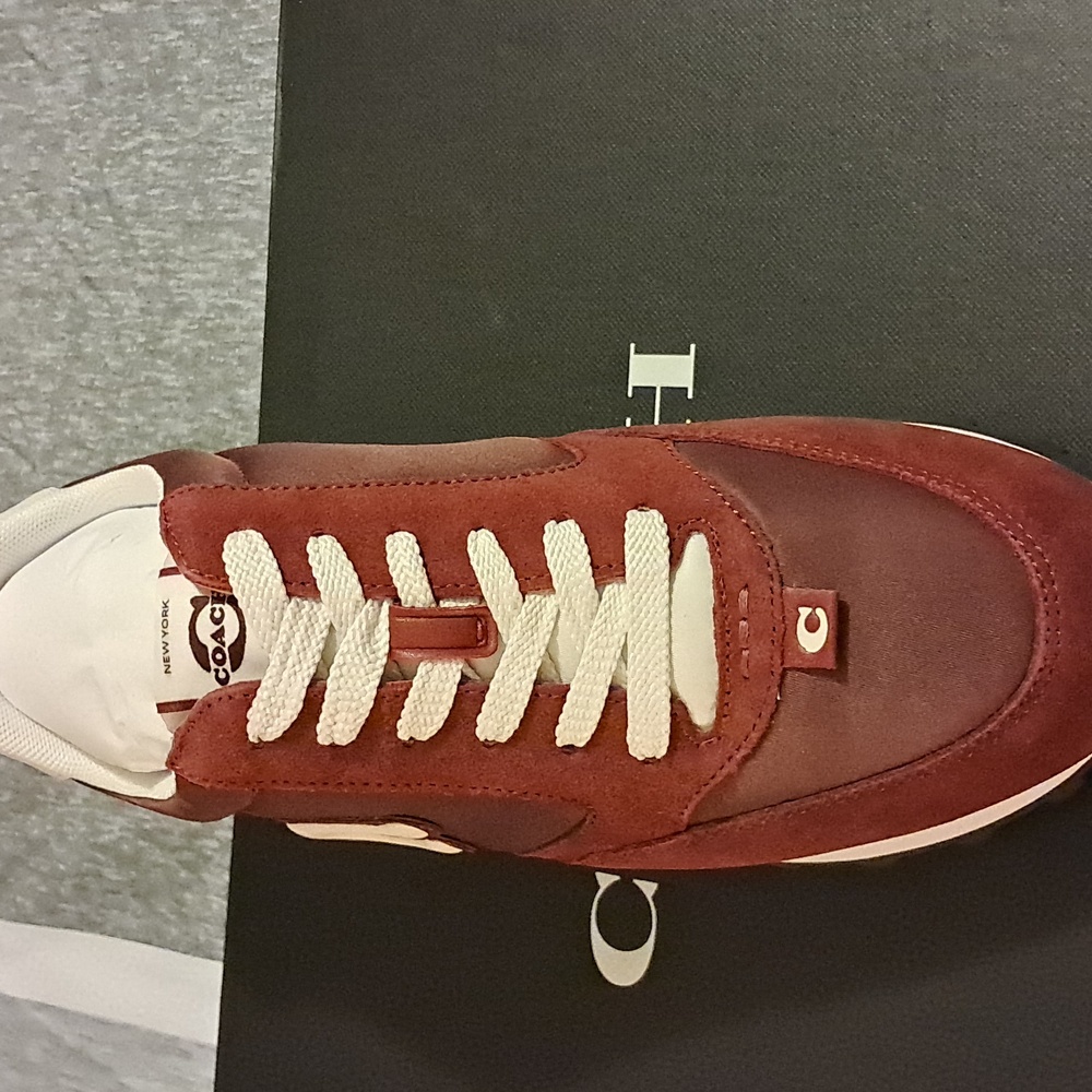 Women's Coach Burgundy and Cream Suede Sneakers - Picture 3 of 6